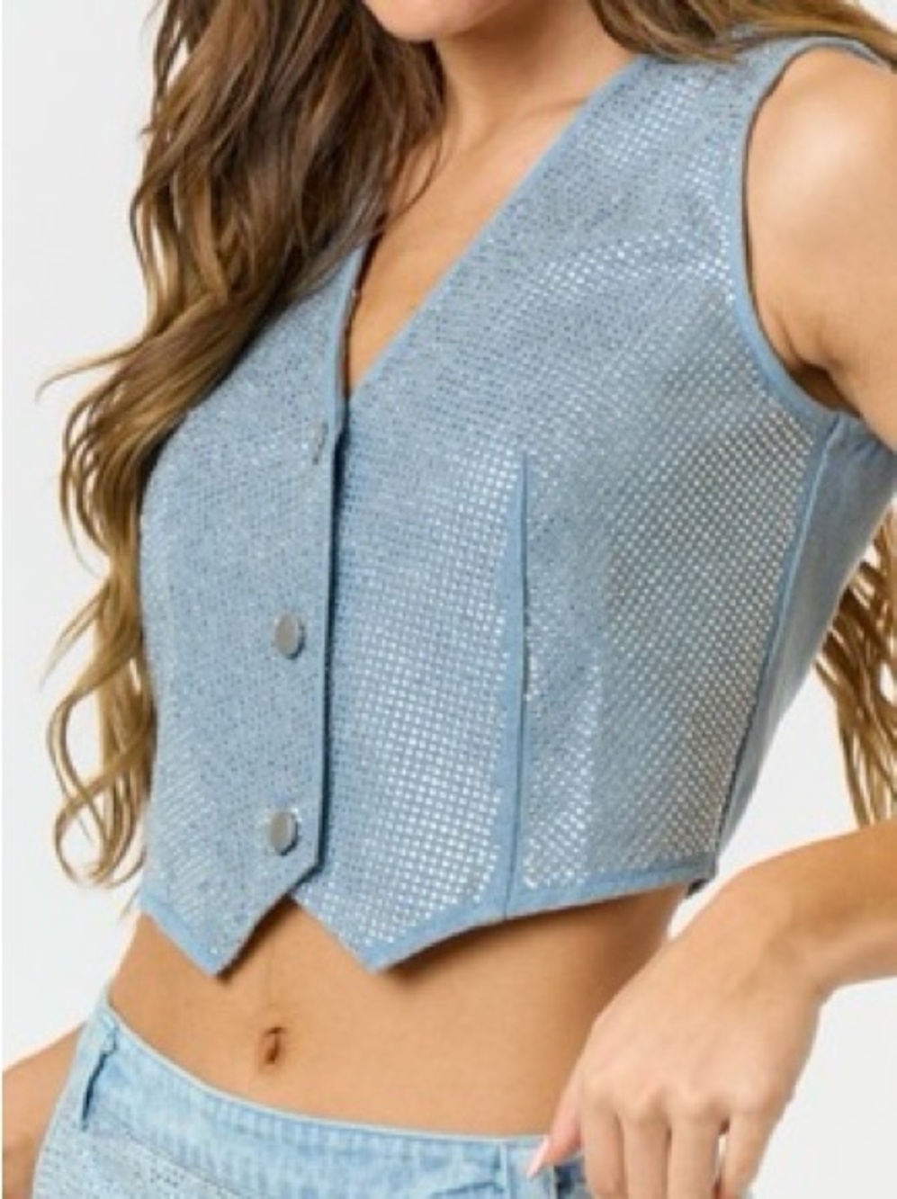 Sleeveless Light Blue Embellished Cropped Vest